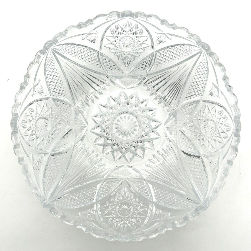 Vintage Clear Crystal Large Serving Bowl Star Fan Pattern Scalloped Rim 9 Inch